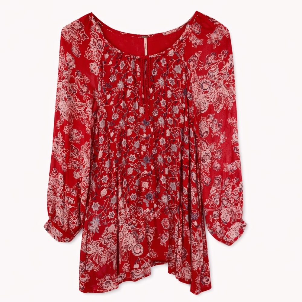 Free People Red Floral Boho Swing Dress | Size Petite Small | Lined - Picture 2 of 8